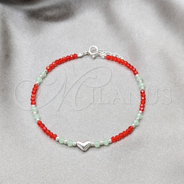 Pulsera Elegante 03.426.0051.1.07 Plata Rodinada, Diseño de Bola y Corazón, con Cristal Rojo Naranja y Aquamarine, Pulido, Tono Plateado (Grosor 04 MM, 7 Pulgadas de Largo)