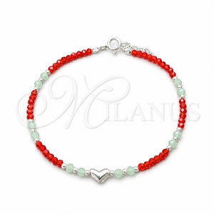Pulsera Elegante 03.426.0051.1.07 Plata Rodinada, Diseño de Bola y Corazón, con Cristal Rojo Naranja y Aquamarine, Pulido, Tono Plateado (Grosor 04 MM, 7 Pulgadas de Largo)