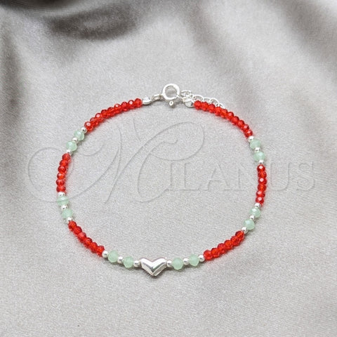 Pulsera Elegante 03.426.0051.1.07 Plata Rodinada, Diseño de Bola y Corazón, con Cristal Rojo Naranja y Aquamarine, Pulido, Tono Plateado (Grosor 04 MM, 7 Pulgadas de Largo)