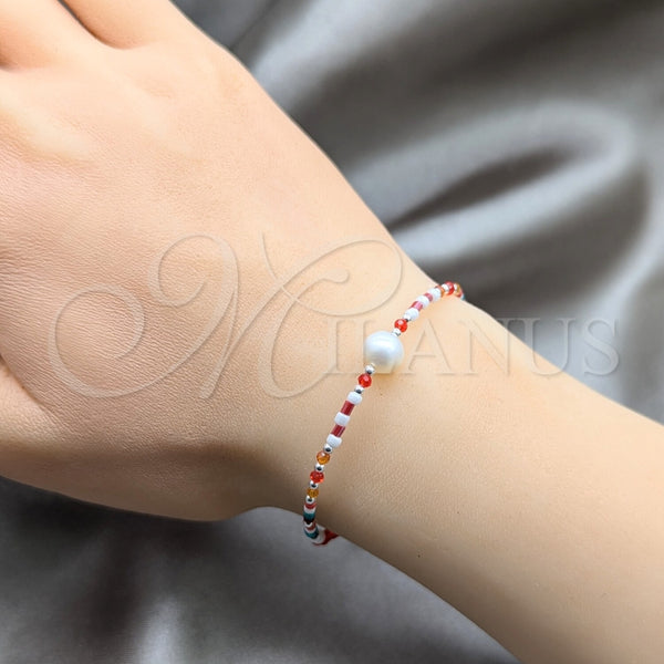 Pulsera Elegante 03.426.0054.07 Plata Rodinada, Diseño de Bola, con Perla Blanca y Cristal Rojo Naranja, Pulido, Tono Plateado (Grosor 07 MM, 7 Pulgadas de Largo)