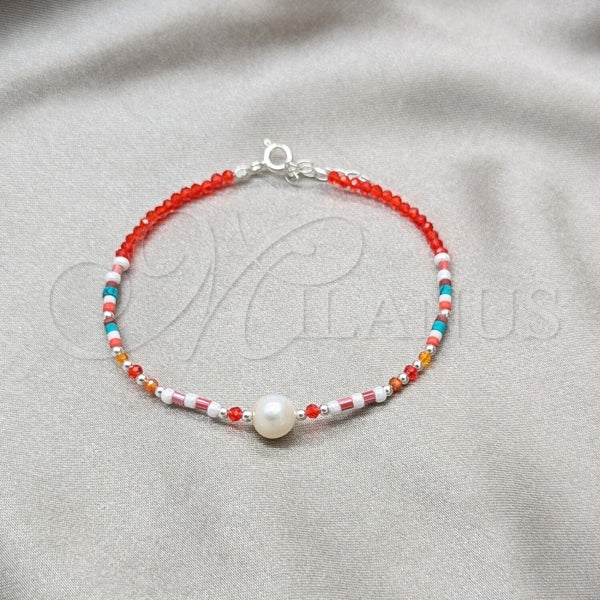 Pulsera Elegante 03.426.0054.07 Plata Rodinada, Diseño de Bola, con Perla Blanca y Cristal Rojo Naranja, Pulido, Tono Plateado (Grosor 07 MM, 7 Pulgadas de Largo)