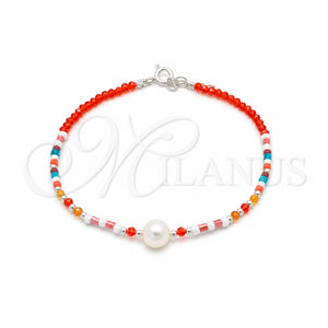 Pulsera Elegante 03.426.0054.07 Plata Rodinada, Diseño de Bola, con Perla Blanca y Cristal Rojo Naranja, Pulido, Tono Plateado (Grosor 07 MM, 7 Pulgadas de Largo)