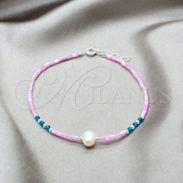 Pulsera Elegante 03.426.0055.07 Plata Rodinada, Diseño de Bola, con Perla Blanca y Cristal Blue Zircon, Pulido, Tono Plateado (Grosor 07 MM, 7 Pulgadas de Largo)