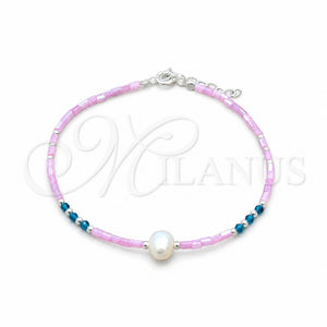 Pulsera Elegante 03.426.0055.07 Plata Rodinada, Diseño de Bola, con Perla Blanca y Cristal Blue Zircon, Pulido, Tono Plateado (Grosor 07 MM, 7 Pulgadas de Largo)