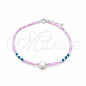 Pulsera Elegante 03.426.0055.07 Plata Rodinada, Diseño de Bola, con Perla Blanca y Cristal Blue Zircon, Pulido, Tono Plateado (Grosor 07 MM, 7 Pulgadas de Largo)