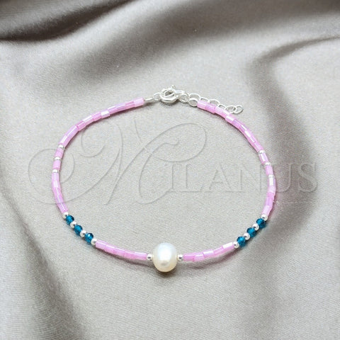 Pulsera Elegante 03.426.0055.07 Plata Rodinada, Diseño de Bola, con Perla Blanca y Cristal Blue Zircon, Pulido, Tono Plateado (Grosor 07 MM, 7 Pulgadas de Largo)