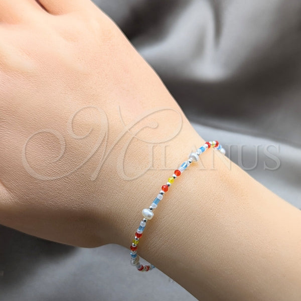 Pulsera Elegante 03.426.0056.07 Plata Rodinada, Diseño de Bola, con Perla Blanca y Cristal Multicolor, Pulido, Tono Plateado (Grosor 06 MM, 7 Pulgadas de Largo)