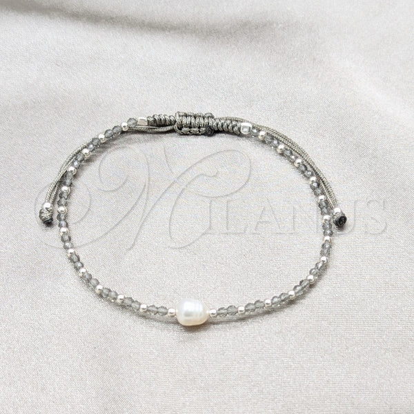 Pulsera Bolo Ajustable 03.426.0065.07 Plata Rodinada, Diseño de Bola, con Perla Blanca y Cristal Light Grey Opal, Algodón, Tono Plateado (Grosor 08 MM, 7 Pulgadas de Largo)