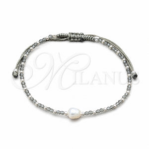 Pulsera Bolo Ajustable 03.426.0065.07 Plata Rodinada, Diseño de Bola, con Perla Blanca y Cristal Light Grey Opal, Algodón, Tono Plateado (Grosor 08 MM, 7 Pulgadas de Largo)