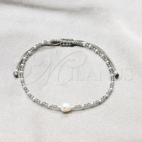 Pulsera Bolo Ajustable 03.426.0065.07 Plata Rodinada, Diseño de Bola, con Perla Blanca y Cristal Light Grey Opal, Algodón, Tono Plateado (Grosor 08 MM, 7 Pulgadas de Largo)