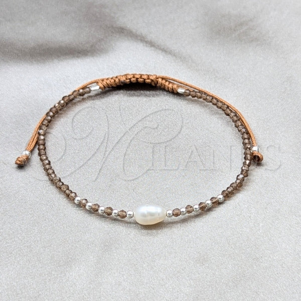 Pulsera Bolo Ajustable 03.426.0064.1.07 Plata Rodinada, Diseño de Bola, con Perla Blanca y Cristal Turmalina, Algodón, Tono Plateado (Grosor 08 MM, 7 Pulgadas de Largo)