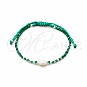 Pulsera Bolo Ajustable 03.426.0064.3.07 Plata Rodinada, Diseño de Bola, con Perla Blanca y Cristal Verde, Algodón, Tono Plateado (Grosor 08 MM, 7 Pulgadas de Largo)