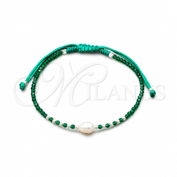 Pulsera Bolo Ajustable 03.426.0064.3.07 Plata Rodinada, Diseño de Bola, con Perla Blanca y Cristal Verde, Algodón, Tono Plateado (Grosor 08 MM, 7 Pulgadas de Largo)