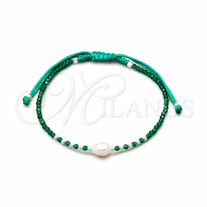 Pulsera Bolo Ajustable 03.426.0064.3.07 Plata Rodinada, Diseño de Bola, con Perla Blanca y Cristal Verde, Algodón, Tono Plateado (Grosor 08 MM, 7 Pulgadas de Largo)