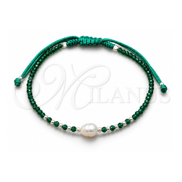 Pulsera Bolo Ajustable 03.426.0064.3.07 Plata Rodinada, Diseño de Bola, con Perla Blanca y Cristal Verde, Algodón, Tono Plateado (Grosor 08 MM, 7 Pulgadas de Largo)