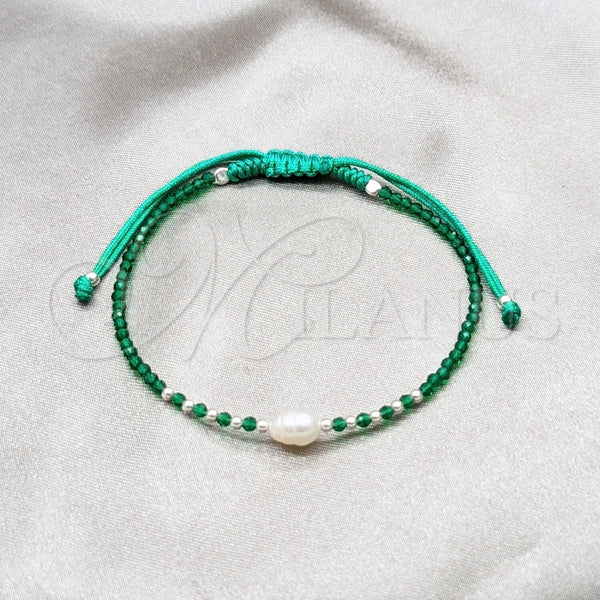 Pulsera Bolo Ajustable 03.426.0064.3.07 Plata Rodinada, Diseño de Bola, con Perla Blanca y Cristal Verde, Algodón, Tono Plateado (Grosor 08 MM, 7 Pulgadas de Largo)