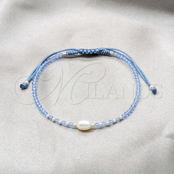 Pulsera Bolo Ajustable 03.426.0064.4.07 Plata Rodinada, Diseño de Bola, con Perla Blanca y Cristal Zafiro Claro, Algodón, Tono Plateado (Grosor 08 MM, 7 Pulgadas de Largo)