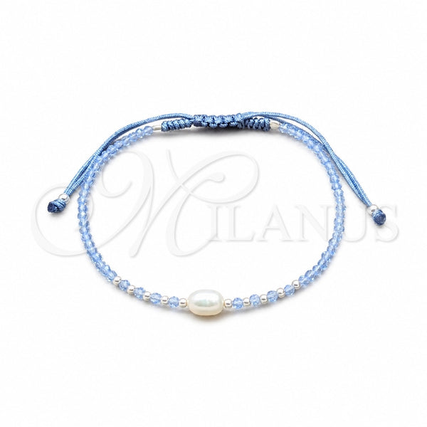 Pulsera Bolo Ajustable 03.426.0064.4.07 Plata Rodinada, Diseño de Bola, con Perla Blanca y Cristal Zafiro Claro, Algodón, Tono Plateado (Grosor 08 MM, 7 Pulgadas de Largo)