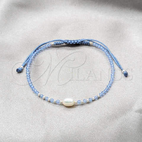 Pulsera Bolo Ajustable 03.426.0064.4.07 Plata Rodinada, Diseño de Bola, con Perla Blanca y Cristal Zafiro Claro, Algodón, Tono Plateado (Grosor 08 MM, 7 Pulgadas de Largo)