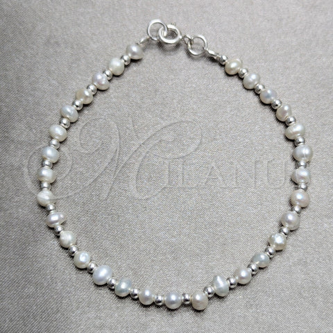 Pulsera Elegante 04.392.0001.07 Plata Rodinada, Diseño de Bola, con Perla Blanca, Pulido, Tono Plateado (Grosor 06 MM, 7 Pulgadas de Largo)