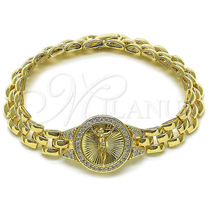 Pulsera Elegante 03.97.0002.08 Oro Laminado, Diseño de Jesus y Crucifijo, con Blanca Zirconia Cubica, Diamantado, Tono Dorado (09 MM Thickness, 8 Inches Length)