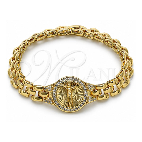Pulsera Elegante 03.97.0002.08 Oro Laminado, Diseño de Jesus y Crucifijo, con Zirconia Cubica Blanca, Diamantado, Tono Dorado (Grosor 09 MM, 8 Pulgadas de Largo)