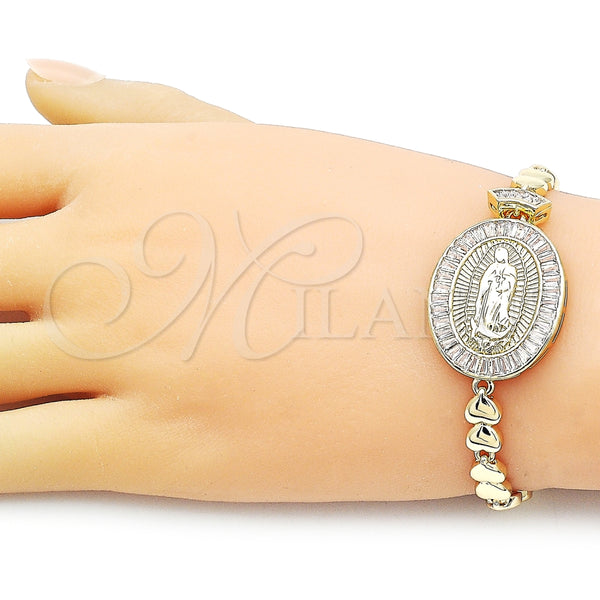 Pulsera Elegante 03.97.0003.08 Oro Laminado, Diseño de Guadalupe y Baguette, con Blanca Zirconia Cubica, Diamantado, Tono Dorado (07 MM Thickness, 8 Inches Length)