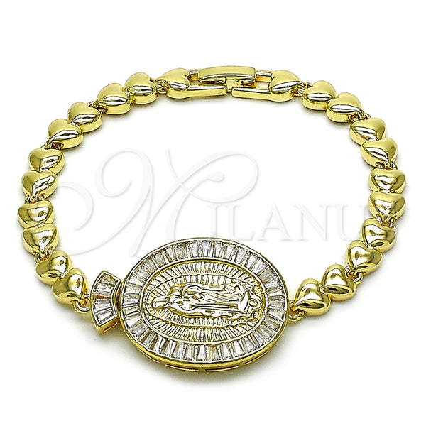 Pulsera Elegante 03.97.0003.08 Oro Laminado, Diseño de Guadalupe y Baguette, con Blanca Zirconia Cubica, Diamantado, Tono Dorado (07 MM Thickness, 8 Inches Length)