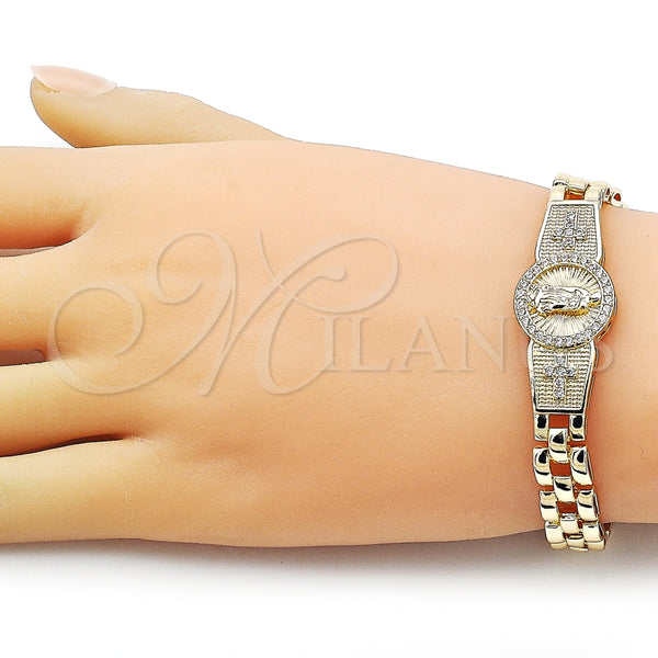 Pulsera Elegante 03.97.0004.08 Oro Laminado, Diseño de Guadalupe y Cruz, con Blanca Zirconia Cubica, Diamantado, Tono Dorado (09 MM Thickness, 8 Inches Length)