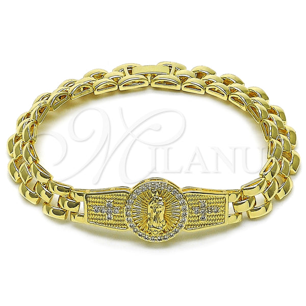 Pulsera Elegante 03.97.0004.08 Oro Laminado, Diseño de Guadalupe y Cruz, con Blanca Zirconia Cubica, Diamantado, Tono Dorado (09 MM Thickness, 8 Inches Length)