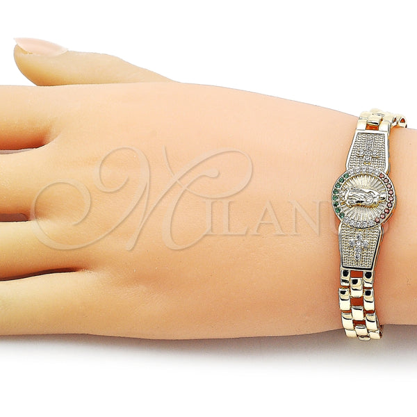 Pulsera Elegante 03.97.0004.1.08 Oro Laminado, Diseño de Guadalupe y Cruz, con Multicolor and Blanca Zirconia Cubica, Diamantado, Tono Dorado (09 MM Thickness, 8 Inches Length)