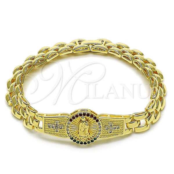 Pulsera Elegante 03.97.0004.1.08 Oro Laminado, Diseño de Guadalupe y Cruz, con Multicolor and Blanca Zirconia Cubica, Diamantado, Tono Dorado (09 MM Thickness, 8 Inches Length)