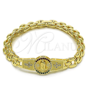 Pulsera Elegante 03.97.0004.1.08 Oro Laminado, Diseño de Guadalupe y Cruz, con Multicolor and Blanca Zirconia Cubica, Diamantado, Tono Dorado (09 MM Thickness, 8 Inches Length)