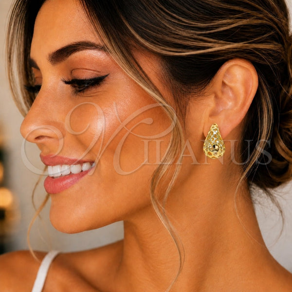 Arete Dormilona 02.202.0016 Oro Laminado, Diseño de Gota y Corazón, Pulido, Tono Dorado