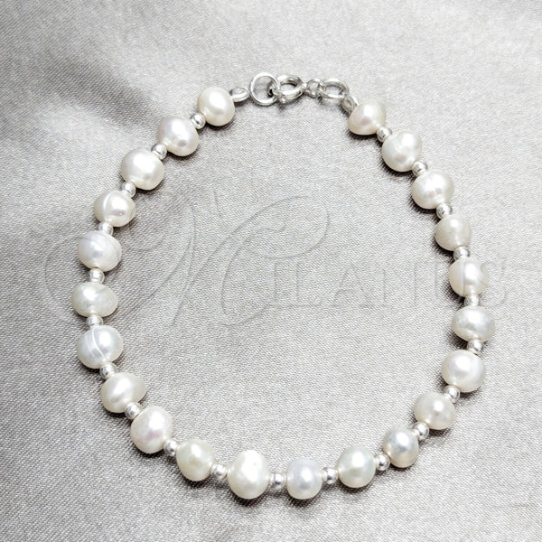 Pulsera Elegante 03.392.0027.07 Plata Rodinada, Diseño de Bola, con Perla Blanca, Pulido, Tono Plateado (Grosor 08 MM, 7 Pulgadas de Largo)