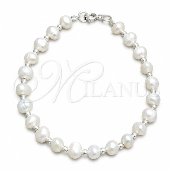 Pulsera Elegante 03.392.0027.07 Plata Rodinada, Diseño de Bola, con Perla Blanca, Pulido, Tono Plateado (Grosor 08 MM, 7 Pulgadas de Largo)