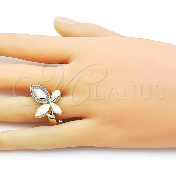 Anillo Multi Piedra 01.428.0003 Oro Laminado, Diseño de Oja y Mariposa, con Blanca Micro Pave, Pulido, Tono Dorado (One size fits all)