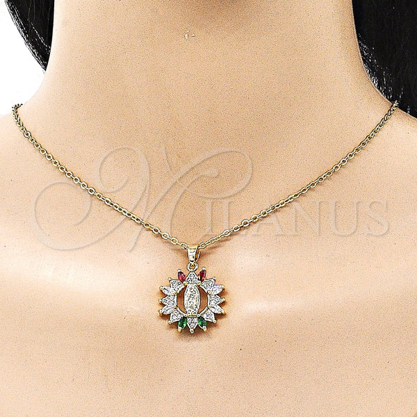 Dije Religioso 05.210.0009.1 Oro Laminado, Diseño de Guadalupe, con Multicolor and Blanca Zirconia Cubica, Pulido, Tono Dorado