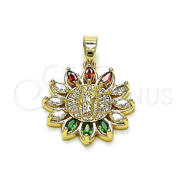 Dije Religioso 05.210.0009.1 Oro Laminado, Diseño de Guadalupe, con Multicolor and Blanca Zirconia Cubica, Pulido, Tono Dorado