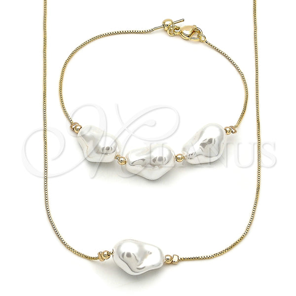 Collar y Pulsera 06.63.0296 Oro Laminado, Diseño de Box, con Perla Marfil, Pulido, Tono Dorado