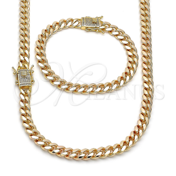 Collar y Pulsera 06.63.0297 Oro Laminado, Diseño de Miami Cubana, con Blanca Micro Pave, Pulido, Tono Dorado