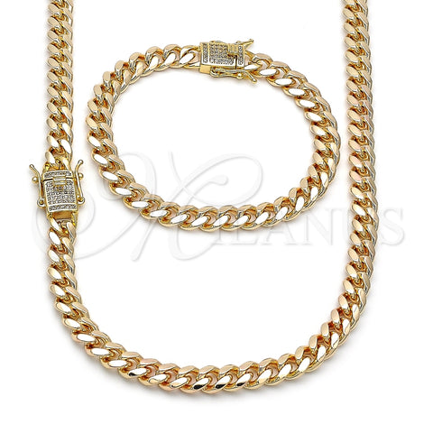 Collar y Pulsera 06.63.0297 Oro Laminado, Diseño de Miami Cubana, con Blanca Micro Pave, Pulido, Tono Dorado
