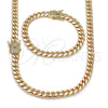 Collar y Pulsera 06.63.0297 Oro Laminado, Diseño de Miami Cubana, con Blanca Micro Pave, Pulido, Tono Dorado