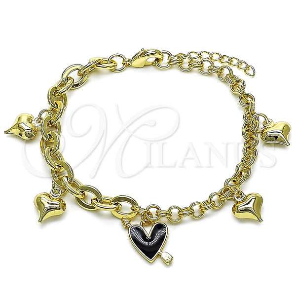 Pulsera de Dije 03.213.0320.07 Oro Laminado, Diseño de Corazón, Esmaltado Negro, Tono Dorado (Grosor 07 MM, 7 Pulgadas de Largo)