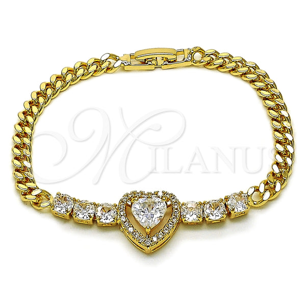 Pulsera Elegante 03.283.0448.07 Oro Laminado, Diseño de Corazón y Miami Cubana, con Blanca Zirconia Cubica, Pulido, Tono Dorado (05 MM Thickness, 7 Inches Length)