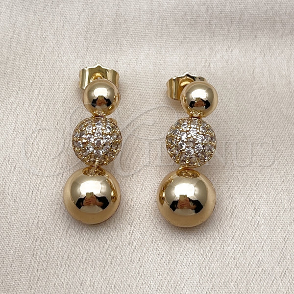 Arete Dormilona 02.283.0217 Oro Laminado, Diseño de Bola, con Blanca Micro Pave, Pulido, Tono Dorado