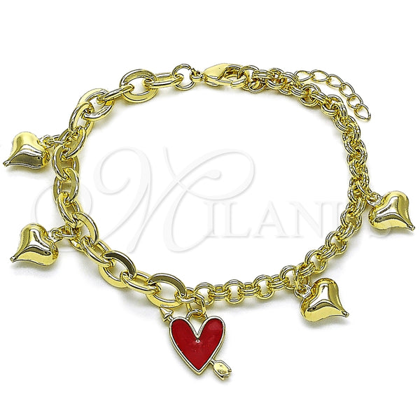 Pulsera de Dije 03.213.0320.1.07 Oro Laminado, Diseño de Corazón, Esmaltado Rojo, Tono Dorado (07 MM Thickness, 7 Inches Length)