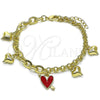 Pulsera de Dije 03.213.0320.1.07 Oro Laminado, Diseño de Corazón, Esmaltado Rojo, Tono Dorado (07 MM Thickness, 7 Inches Length)