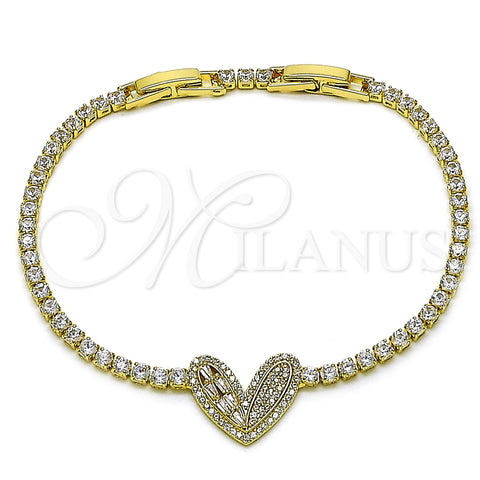 Pulsera Elegante 03.421.0003.07 Oro Laminado, Diseño de Corazón y Baguette, con Zirconia Cubica Blanca y Micro Pave Blanca, Pulido, Tono Dorado (Grosor 03 MM, 7 Pulgadas de Largo)