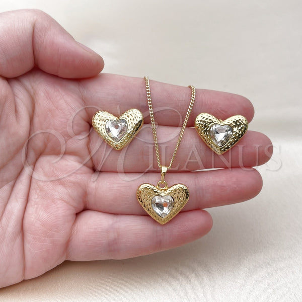 Juego de Arete y Dije de Adulto 10.379.0091 Oro Laminado, Diseño de Corazón, con Blanca Cristal, Pulido, Tono Dorado